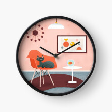 (Midcentury Coral Decor With Black Cat And Gold Fish=8501) Wall Clock 12 Inch Funny Mantel & Tabletop Art Decor for Home Bedroom Office