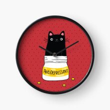 (FUR ANTIDEPRESSANT . Cute black cat illustration. A gift for a pet lover.=9305) Wall Clock 12 Inch Funny Mantel & Tabletop Art Decor for Home Bedroom Office