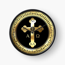 (Black Gold Greek Orthodox Cross Alpha Omega=9522) Wall Clock 12 Inch Funny Mantel & Tabletop Art Decor for Home Bedroom Office