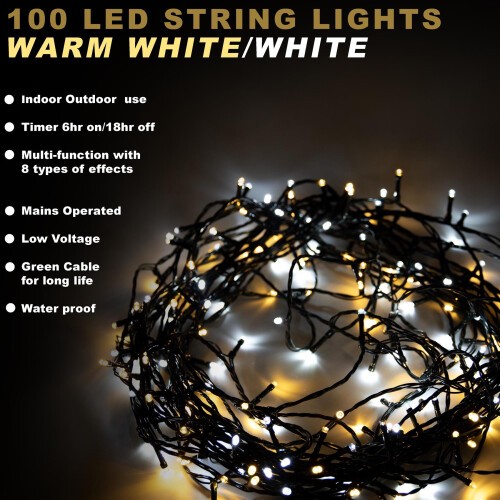 (200) Christmas Fairy Lights White + Warm White LED String Mains Operated 1