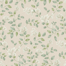 Grandeco Forget Me Not Neutral Green Wallpaper Leaf Trail Classic Feature Wall