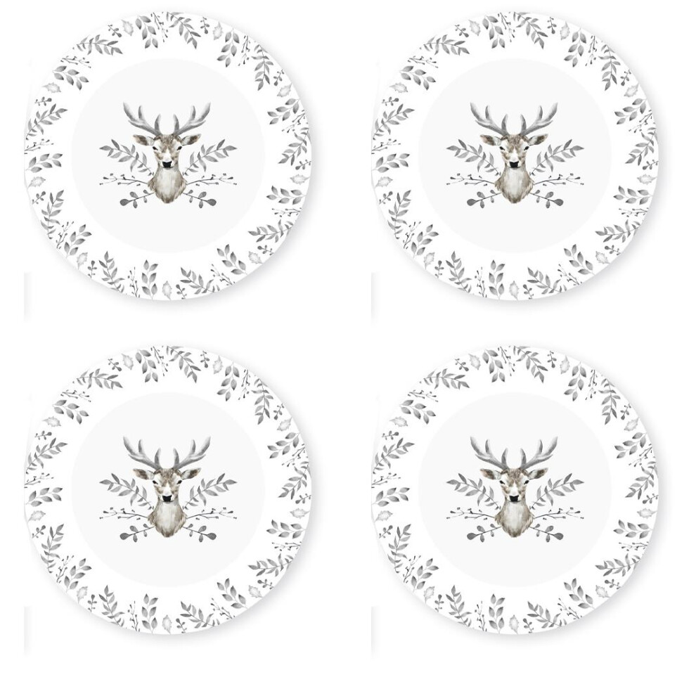 Set Of 4 Dinner Plates Christmas White And Grey Stag Design Porcelain Festive Dinner