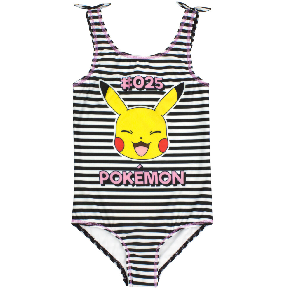 (11-12 Years) Pokemon Pikachu Swimsuit For Girls | Black & White Kid's Pikachu Swimming Costume | Children's Swimwear Suit with Bow Straps | Gamer Gift