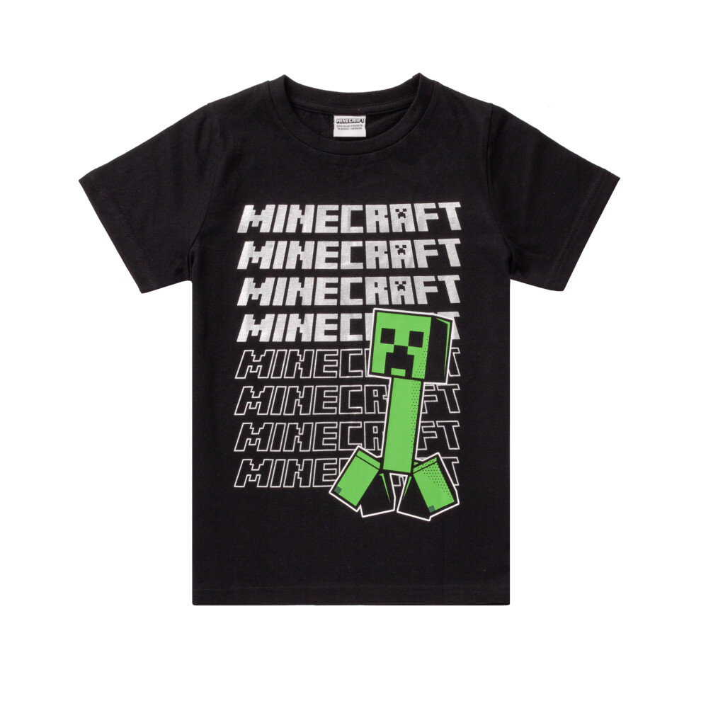 (11-12 Years) Minecraft T Shirt Boys | Kids Repeated Logo Short Sleeve Black Top | Childrens Creeper Merchandise