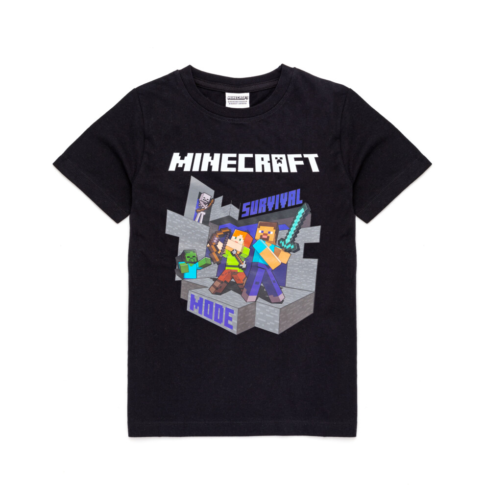(13-14 Years) Minecraft T Shirt Boys Alex Steve Sword Black Game Short Sleeve Top