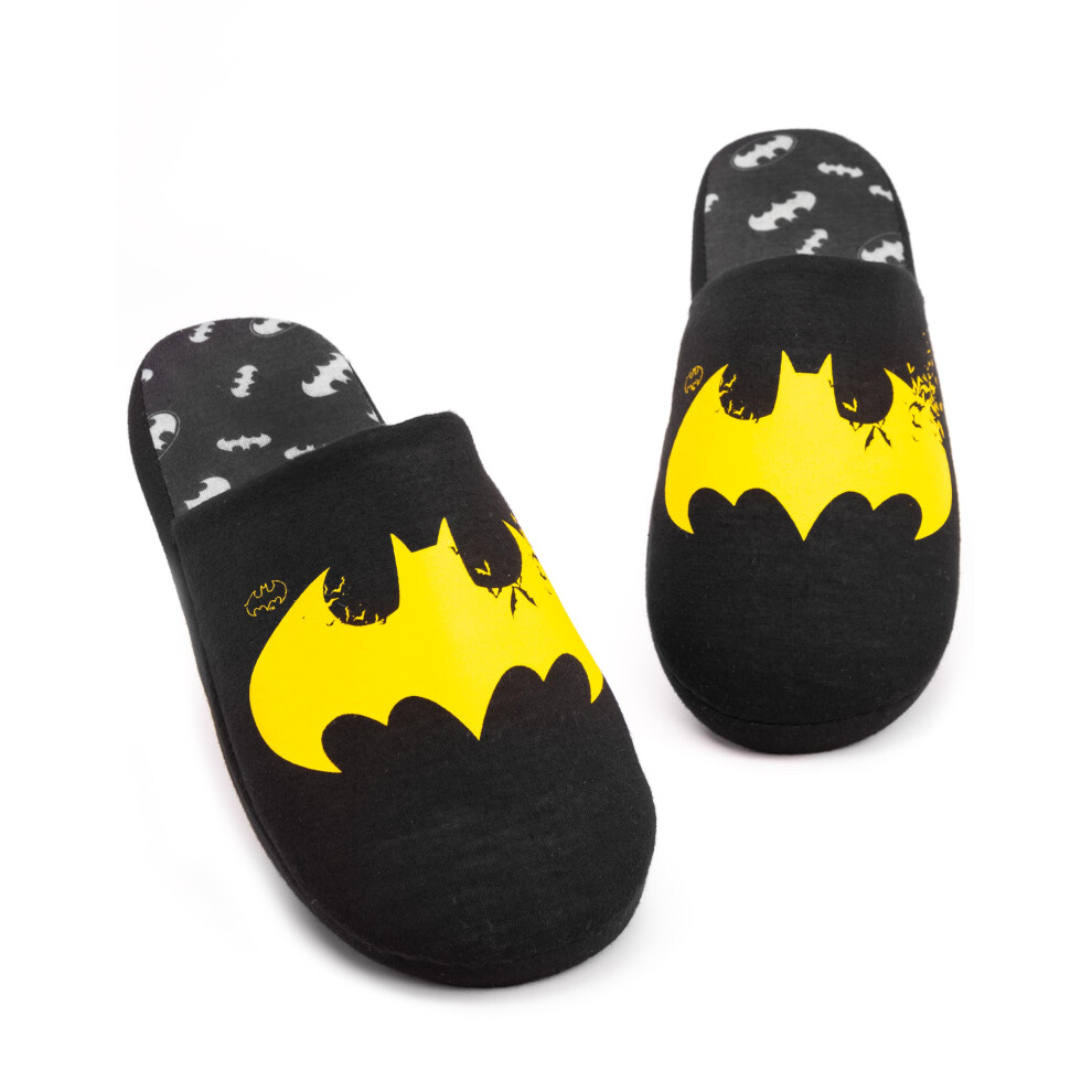 (11-12 UK) DC Comics Batman Slippers Mens Dark Knight Yellow Logo House Shoes