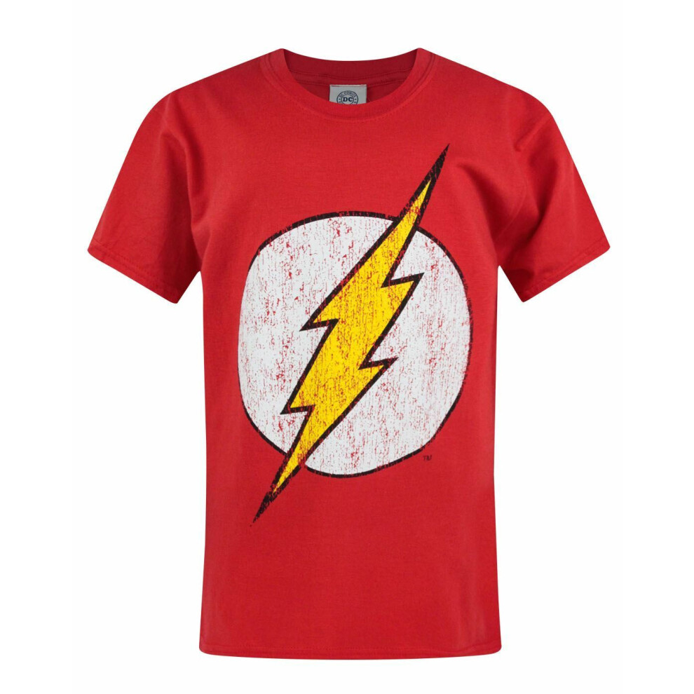 (12-13 Years) Flash T-Shirt For Boys Distressed Logo Short Sleeve Children's Superhero Red Top