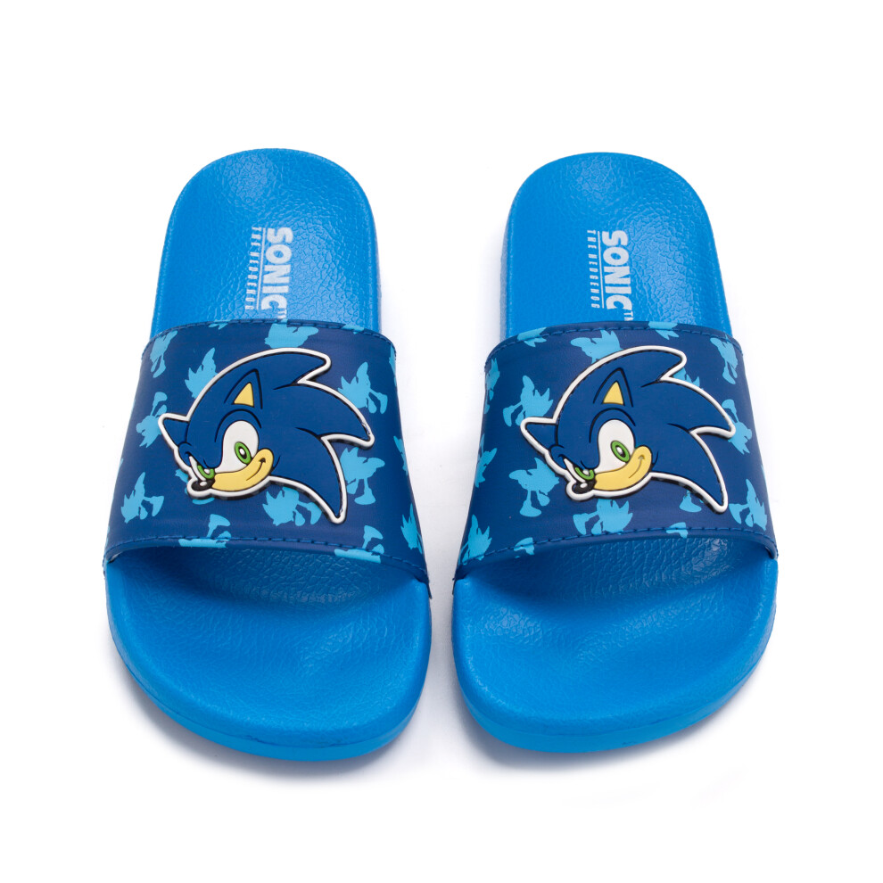 (UK Child 13) Sonic The Hedgehog Sliders Boys Kids Blue Sandals Beach Shoes Flip flops