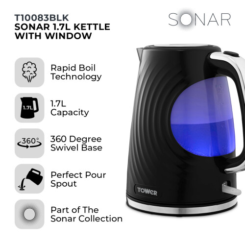 Tower Tower Sonar Black Kettle 2 Slice Toaster & 800W 20L Digital Microwave 1