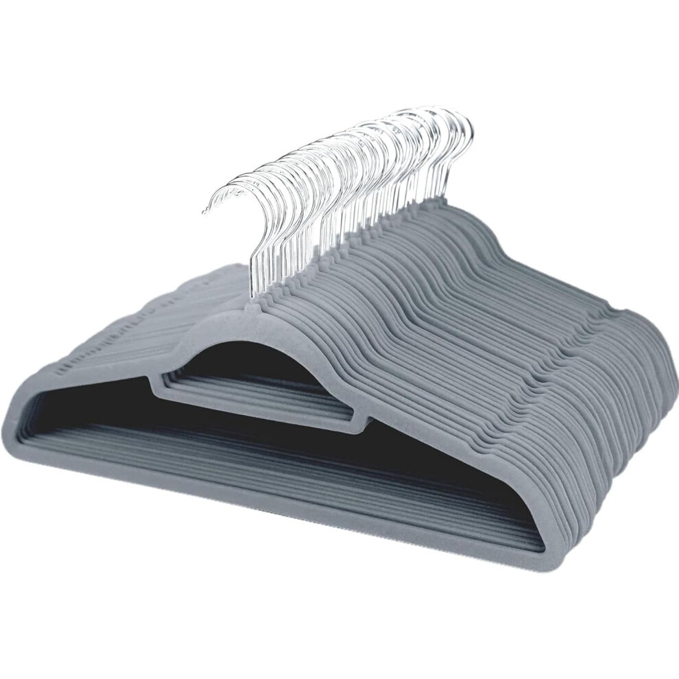 (Grey) 20 Velvet Non Slip Hangers with 360Â° Swivel Hook Space-Saving 0.6 cm Thick and 45 cm Long