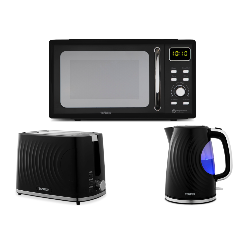 Tower Sonar Black Kettle 2 Slice Toaster & 800W 20L Digital Microwave