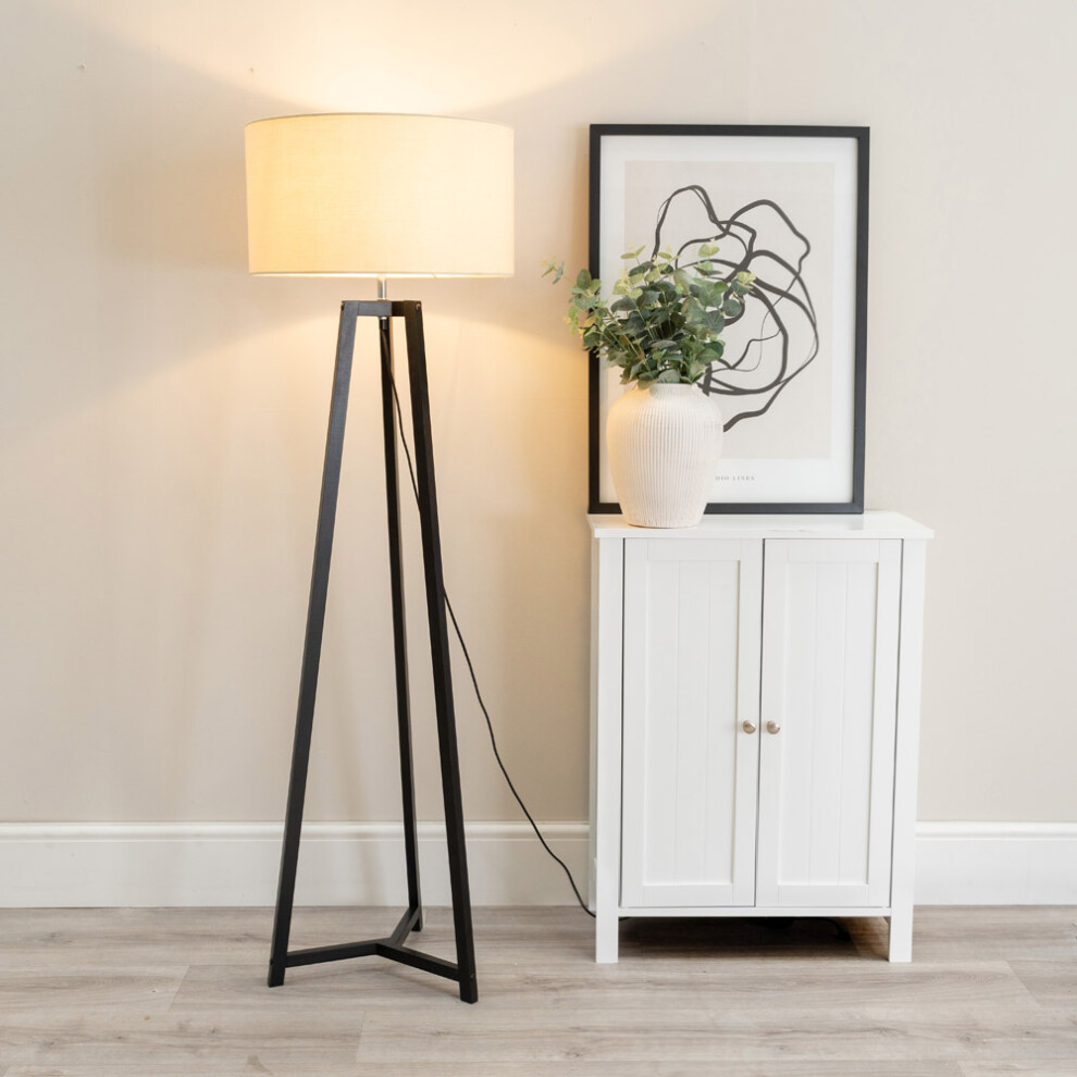 ValueLights Lottie Black Wood Tripod Floor Lamp with Natural Shade