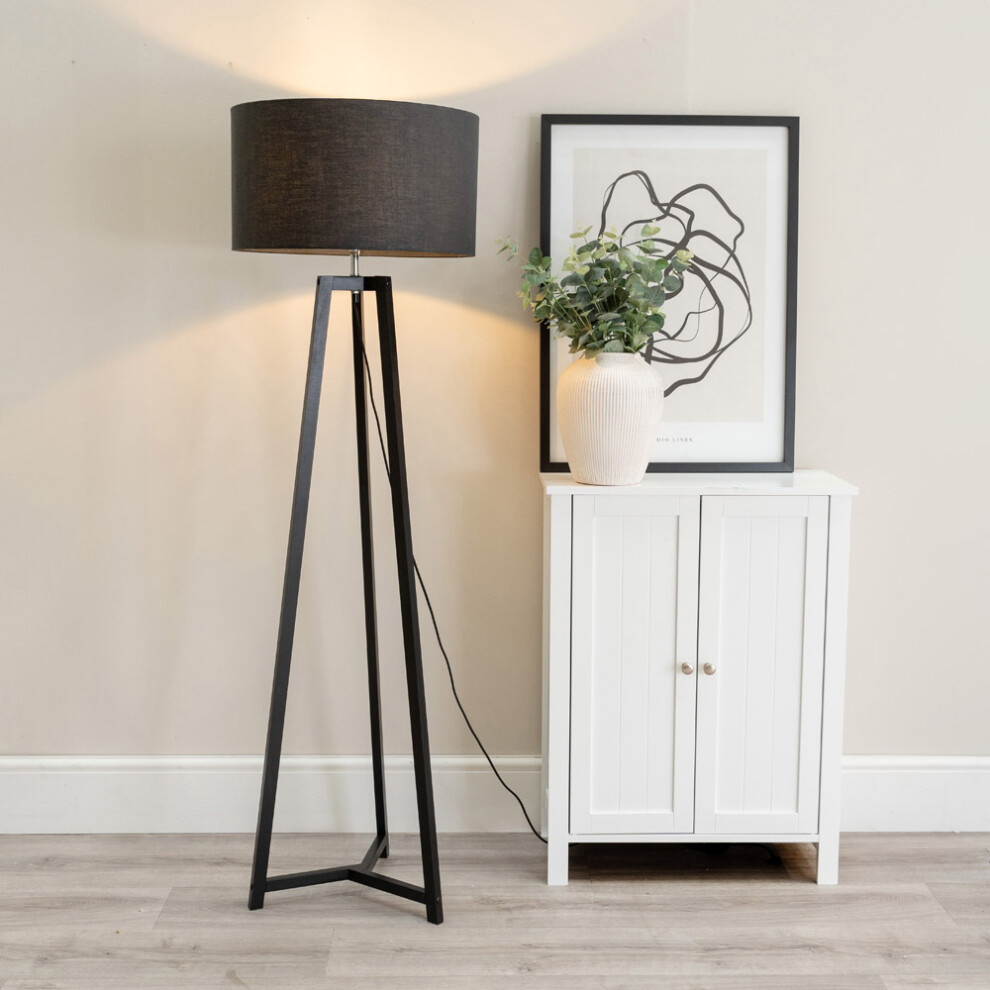 ValueLights Lottie Black Wood Tripod Floor Lamp with Charcoal Shade