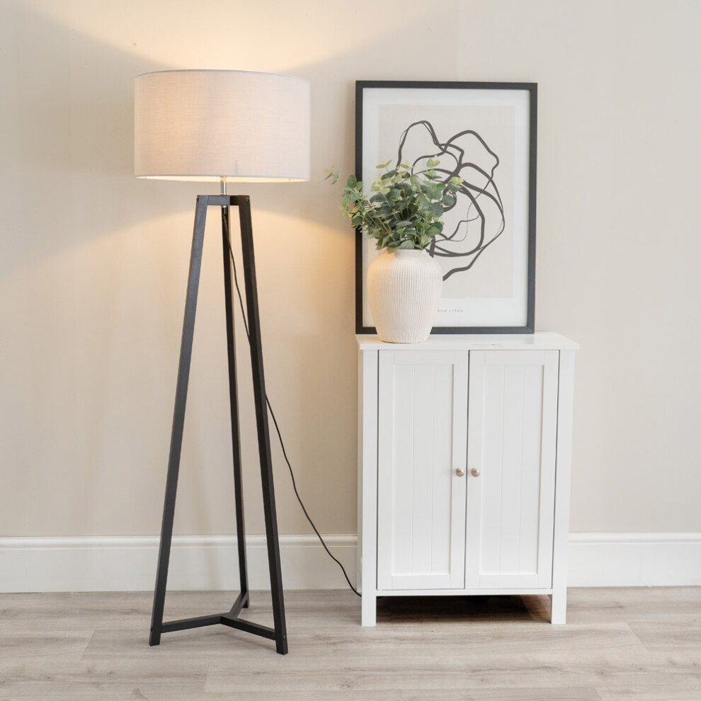 ValueLights Lottie Black Wood Tripod Floor Lamp with Grey Shade