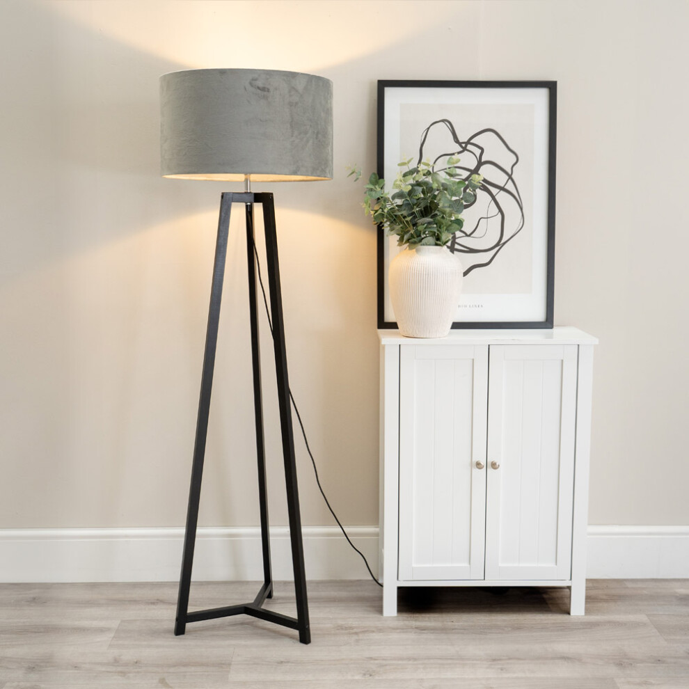 ValueLights Lottie Grey Velvet Shade Black Wood Tripod Floor Lamp