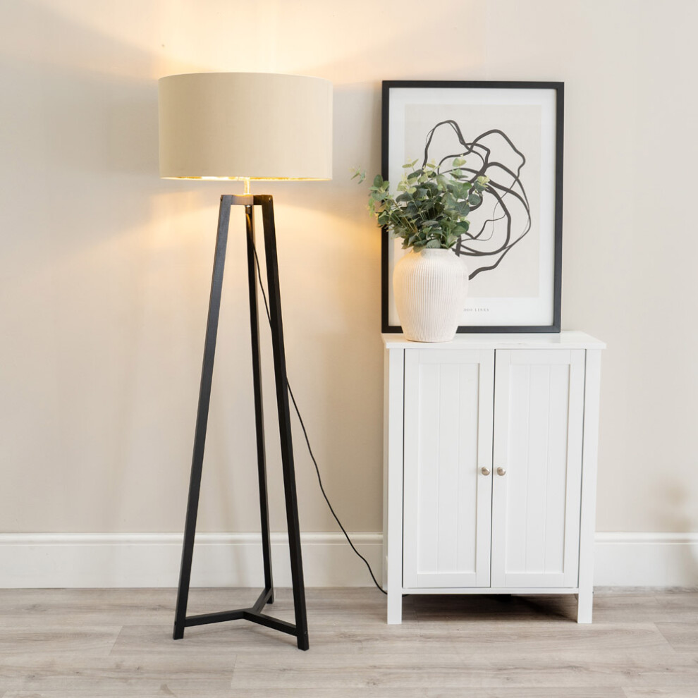 ValueLights Lottie Beige & Gold Shade Black Wood Tripod Floor Lamp