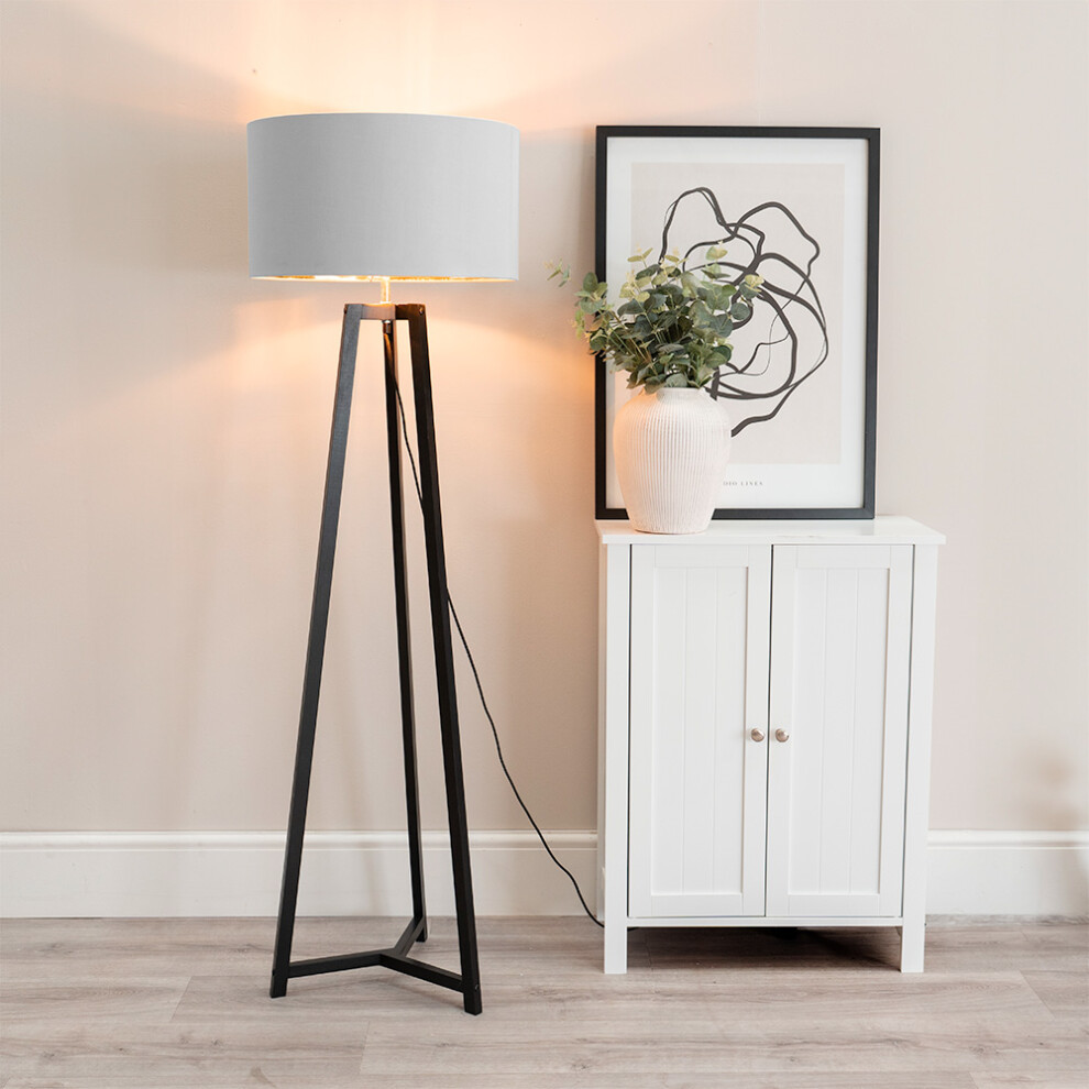 ValueLights Lottie Grey & Gold Shade Black Wood Tripod Floor Lamp