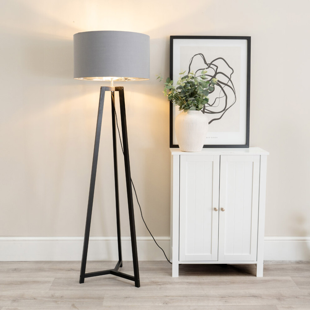 ValueLights Lottie Grey & Chrome Shade Black Wood Tripod Floor Lamp