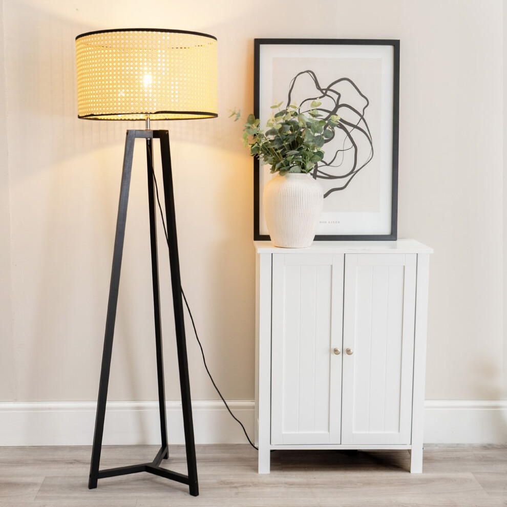 ValueLights Lottie Black Wood Tripod Floor Lamp with Cane Drum Shade