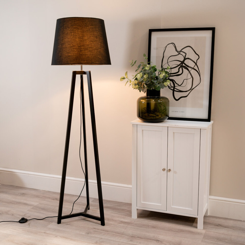 ValueLights Lottie Black Tapered Shade Black Wood Tripod Floor Lamp