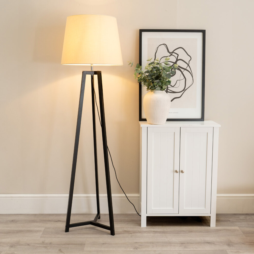 ValueLights Lottie Beige Tapered Shade Black Wood Tripod Floor Lamp