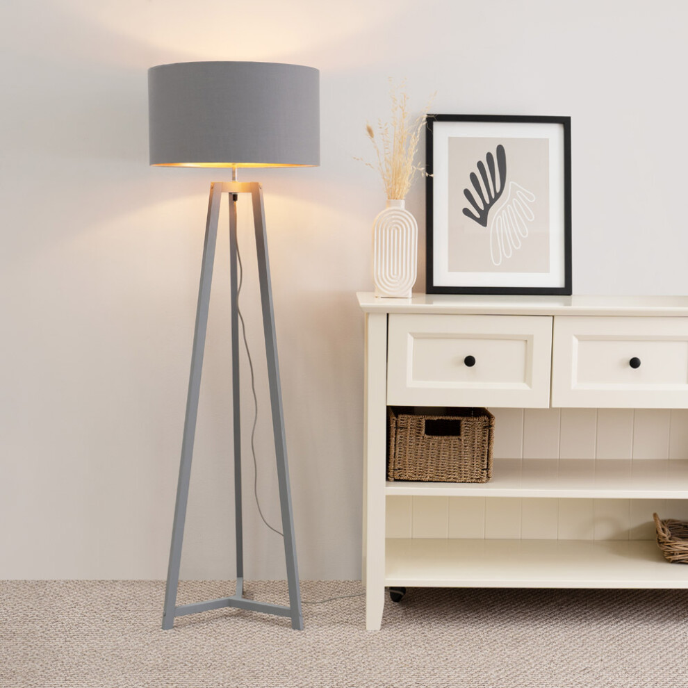 ValueLights Lottie Grey & Copper Shade Grey Wood Tripod Floor Lamp