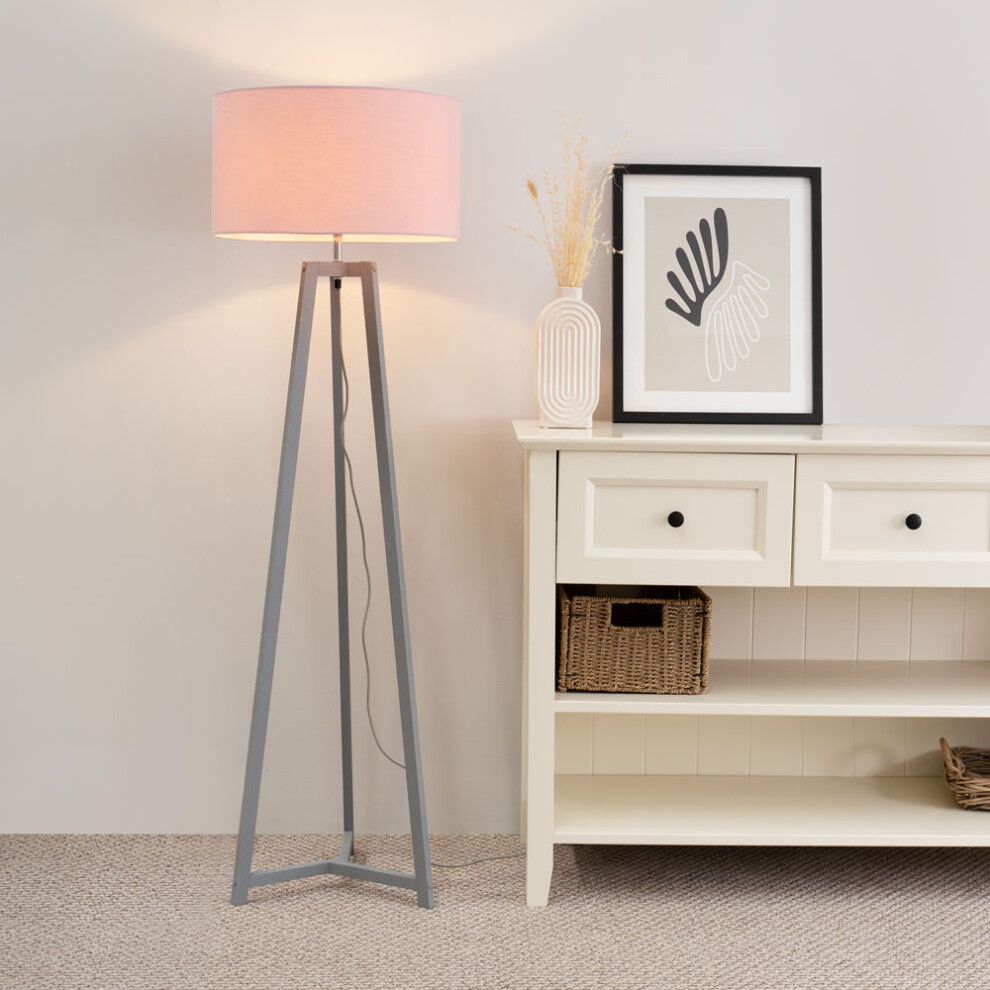 ValueLights Lottie Grey Wood Tripod Floor Lamp with Blush Drum Shade