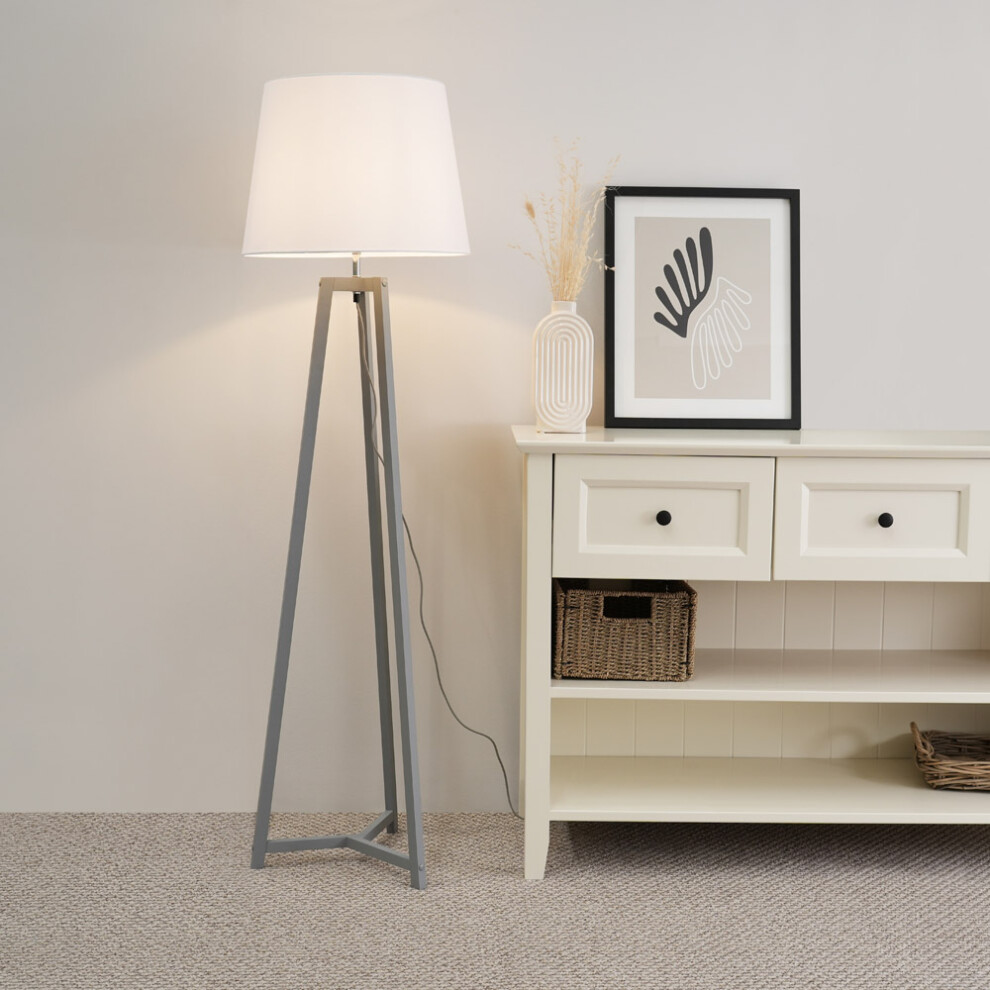 ValueLights Lottie White Tapered Shade Grey Wood Tripod Floor Lamp