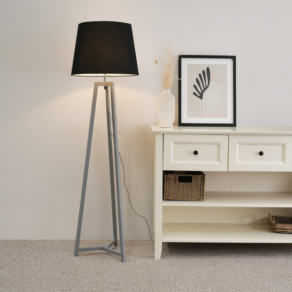 ValueLights Lottie Black Tapered Shade Grey Wood Tripod Floor Lamp