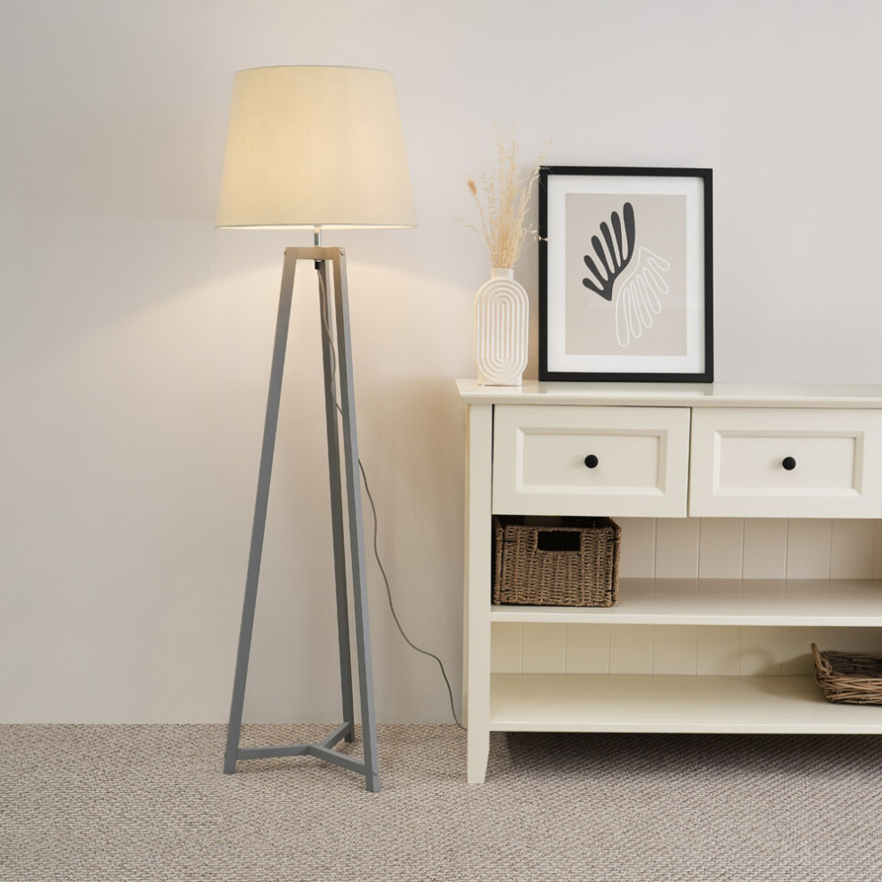 ValueLights Lottie Beige Tapered Shade Grey Wood Tripod Floor Lamp