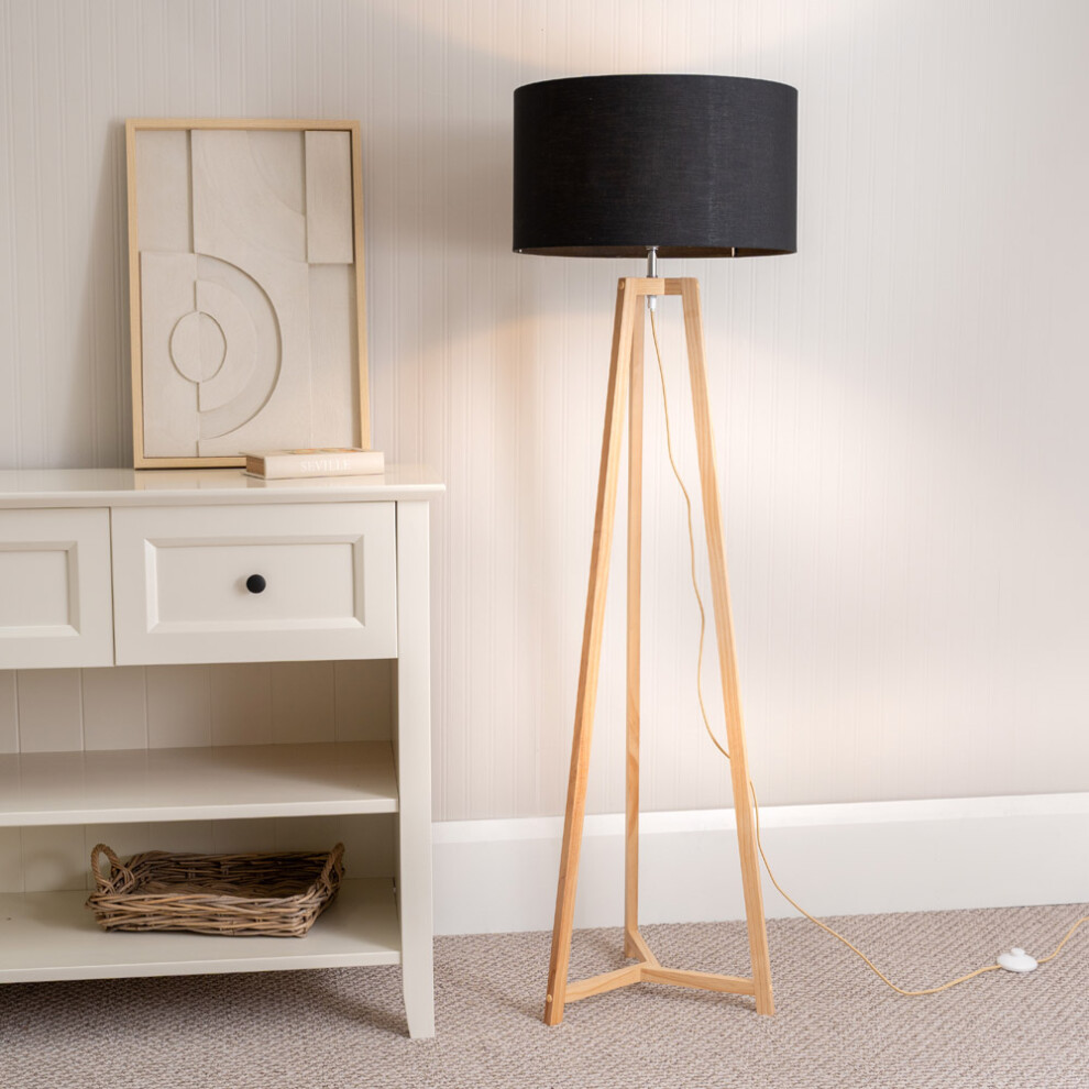 ValueLights Lottie Black Drum Shade Natural Wood Tripod Floor Lamp