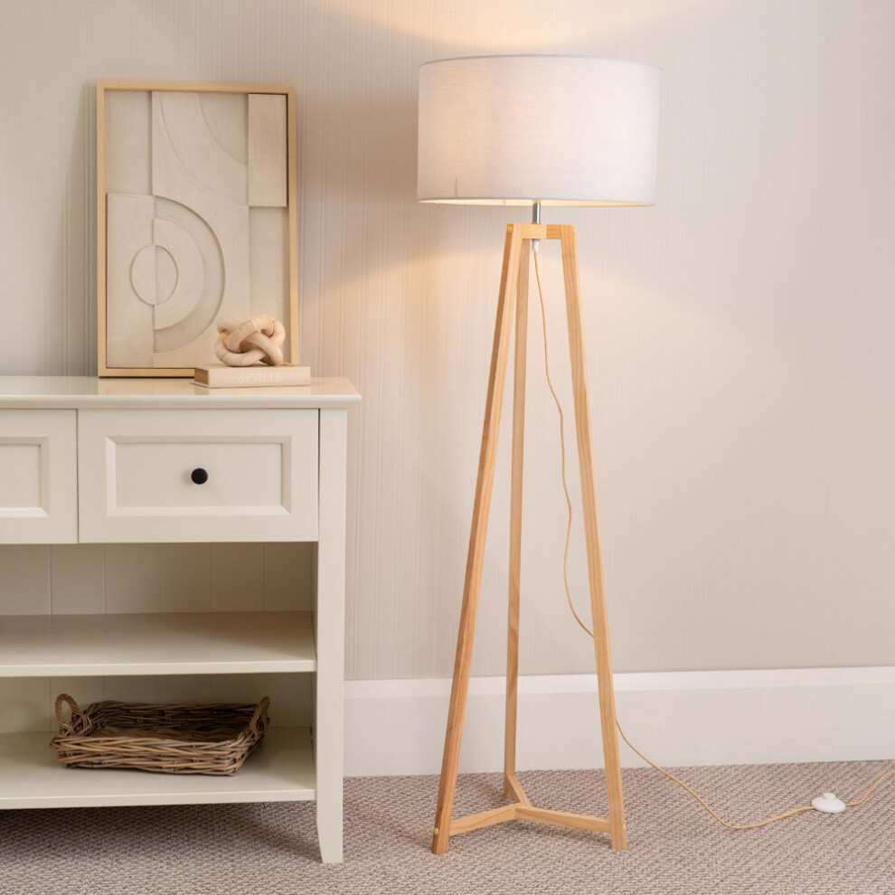 ValueLights Lottie White Drum Shade Natural Wood Tripod Floor Lamp