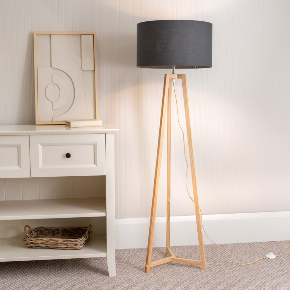 ValueLights Lottie Charcoal Drum Shade Natural Wood Tripod Floor Lamp