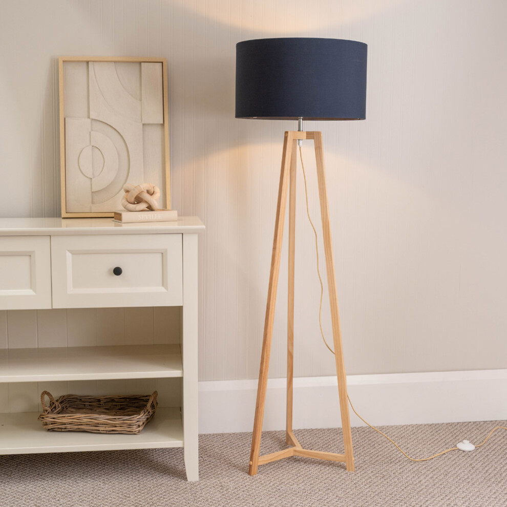 ValueLights Lottie Navy Blue Drum Shade Natural Wood Tripod Floor Lamp