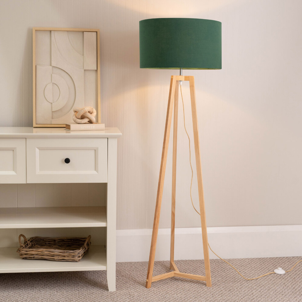 ValueLights Lottie Green Drum Shade Natural Wood Tripod Floor Lamp