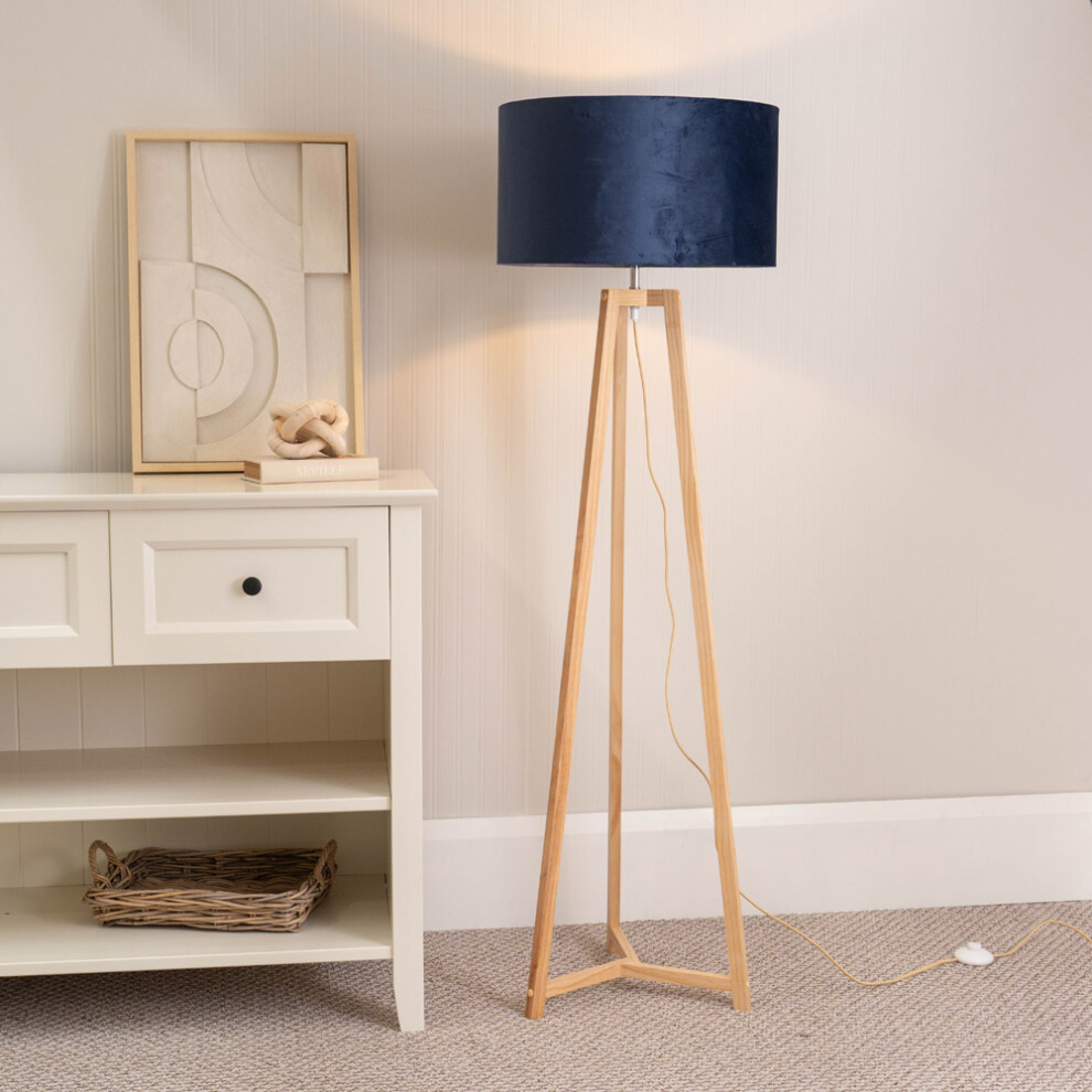 ValueLights Lottie Navy Velvet Shade Natural Wood Tripod Floor Lamp