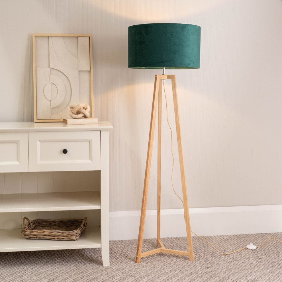 ValueLights Lottie Forest Velvet Shade Natural Wood Tripod Floor Lamp