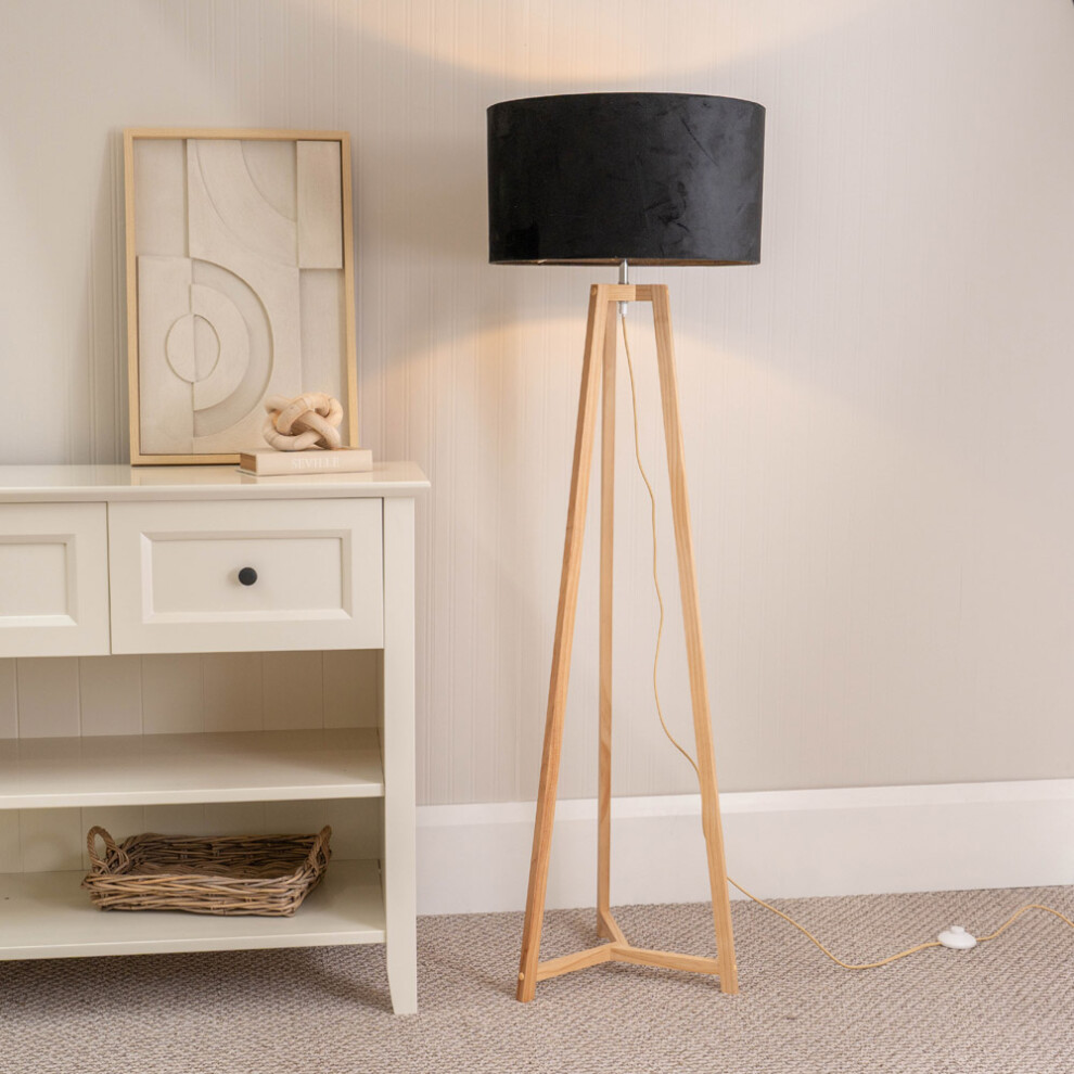 ValueLights Lottie Black Velvet Shade Natural Wood Tripod Floor Lamp