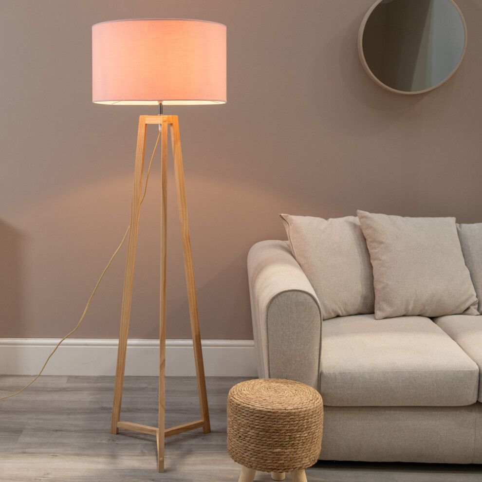 ValueLights Lottie Blush Drum Shade Natural Wood Tripod Floor Lamp