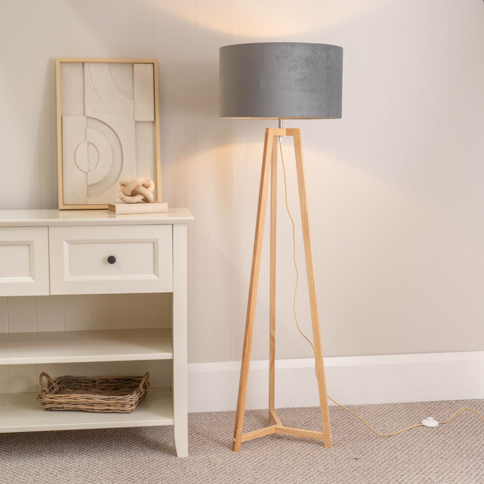 ValueLights Lottie Grey Velvet Shade Natural Wood Tripod Floor Lamp