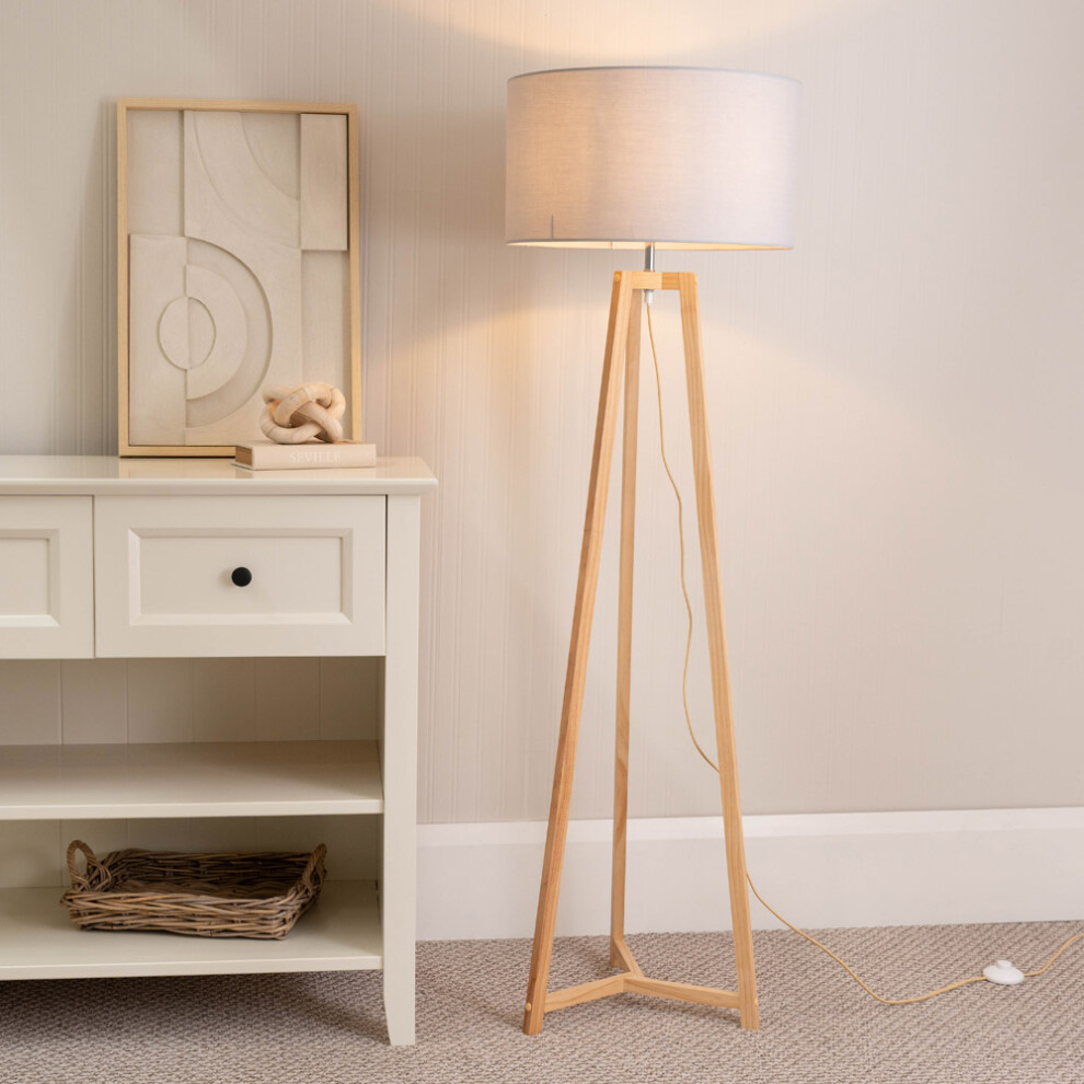 ValueLights Lottie Grey Drum Shade Natural Wood Tripod Floor Lamp