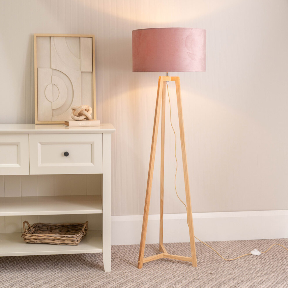 ValueLights Lottie Blush Velvet Shade Natural Wood Tripod Floor Lamp