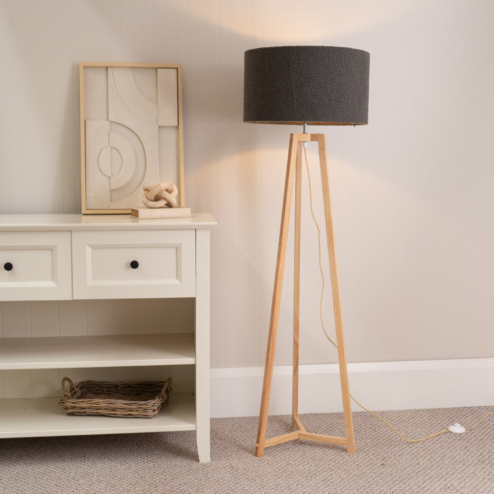 ValueLights Lottie Charcoal Boucle Natural Wood Tripod Floor Lamp