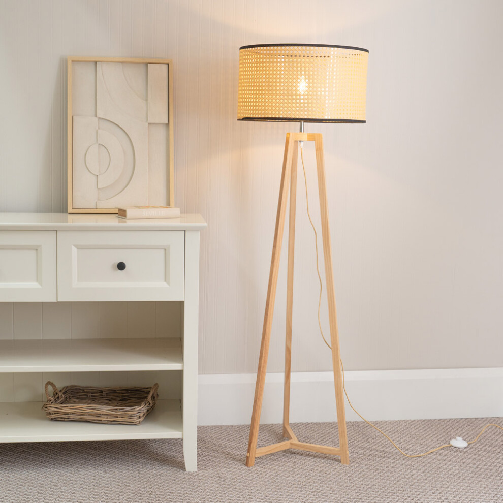 ValueLights Lottie Wicker Drum Shade Natural Wood Tripod Floor Lamp