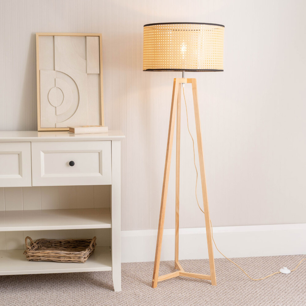 ValueLights Lottie Cane Drum Shade Natural Wood Tripod Floor Lamp