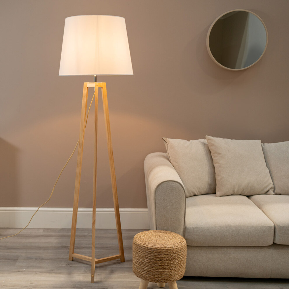 ValueLight Lottie White Taper Shade Natural Wood Tripod Floor Lamp