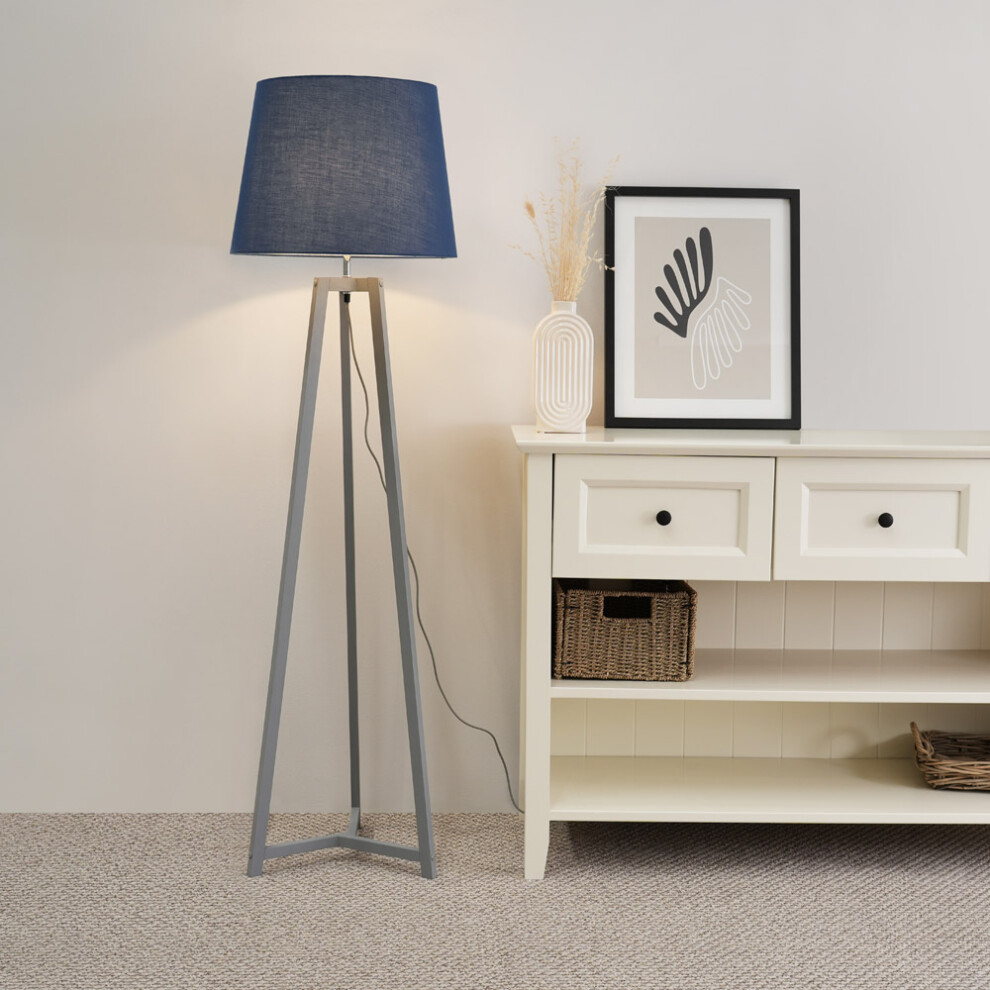 ValueLights Lottie Navy Blue Taper Shade Grey Wood Tripod Floor Lamp