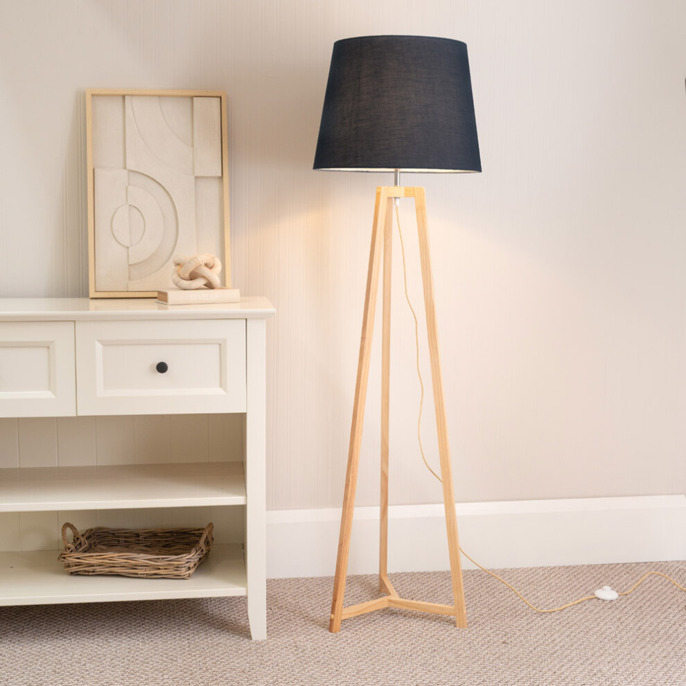 ValueLight Lottie Black Taper Shade Natural Wood Tripod Floor Lamp