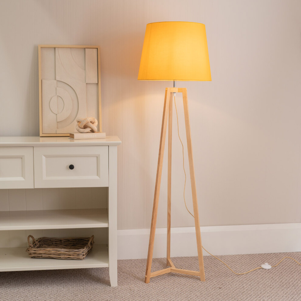 ValueLight Lottie Mustard Taper Shade Natural Wood Tripod Floor Lamp