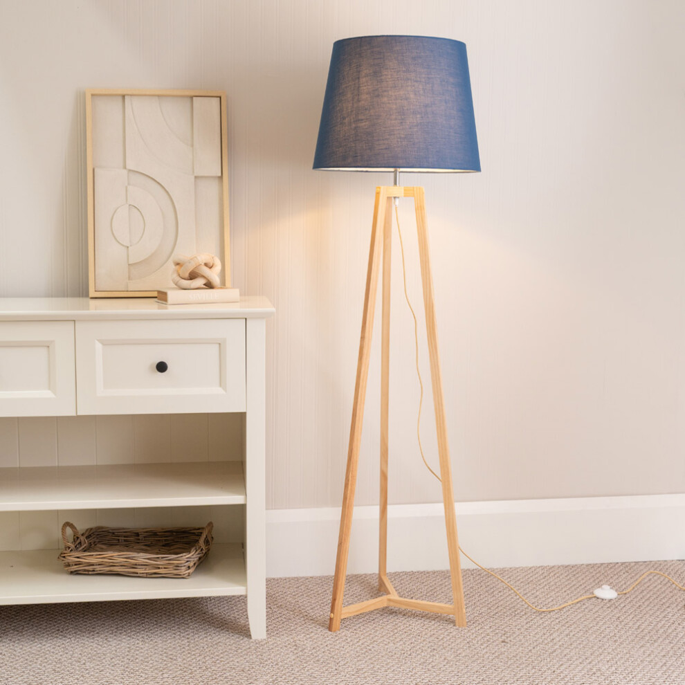 ValueLight Lottie Navy Blue Taper Shade Natural Wood Tripod Floor Lamp